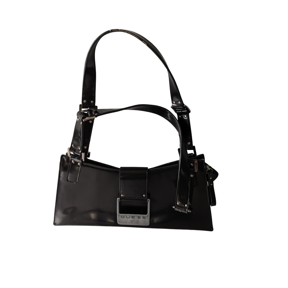 Vintage Guess Black Patent Baguette Shoulder Bag Y2K Buckle Logo 2000s